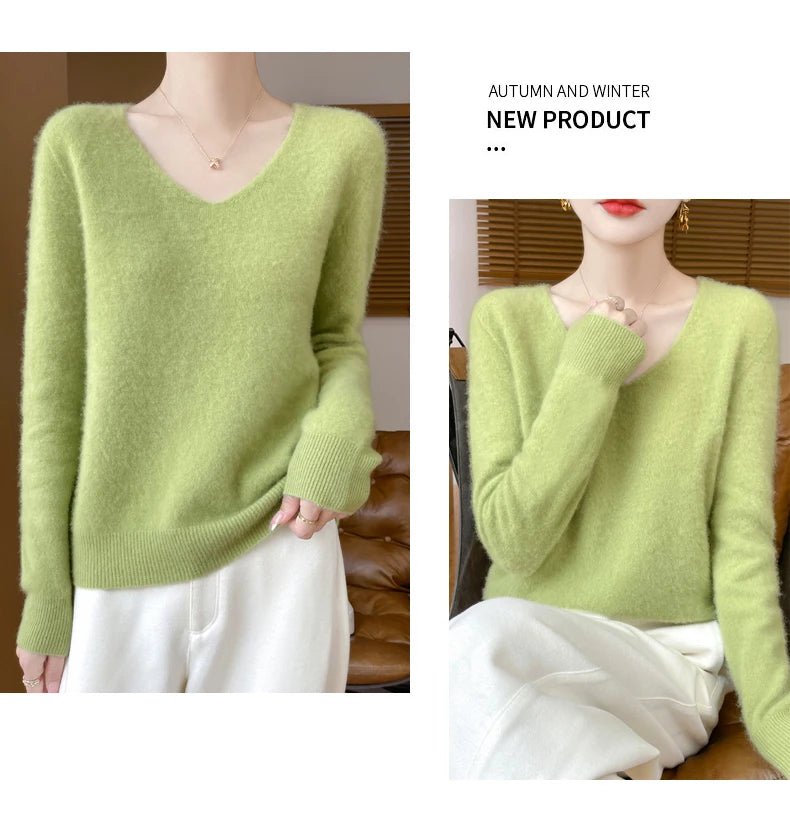 Fashion Pullover 100% Merino Wool Women Sweater V-Neck Long Sleeve Basic Jumper Spring Autumn Winter Clothing Knitwear Tops