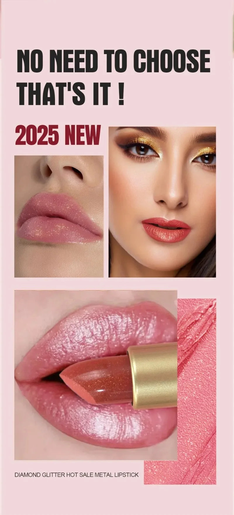 Pearlescent Pink Glitter Lipstick Metallic Waterproof Long Lasting Nude Matte Velvet Lip Stick Shimmer Diamond Women Sexy Makeup