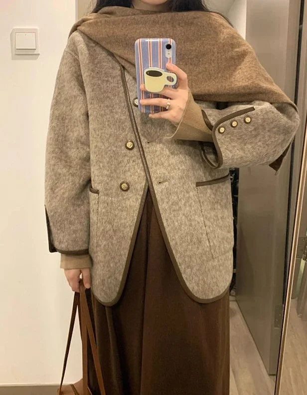 Wool Blend Coat for Women Short Plain Half Long Sleeve Elegant Mixtures Jacket Woman Fashion 2025 Winter Clothes Single Cheap