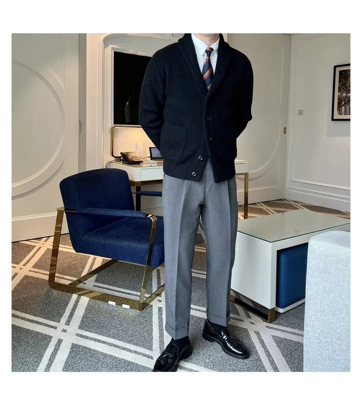 Men's Clothing Cardigan Jacket V Neck Coat Knit Sweater Male Plaid Elegant Casual Long Sleeve 100% Korean 2024 Autumn Classic