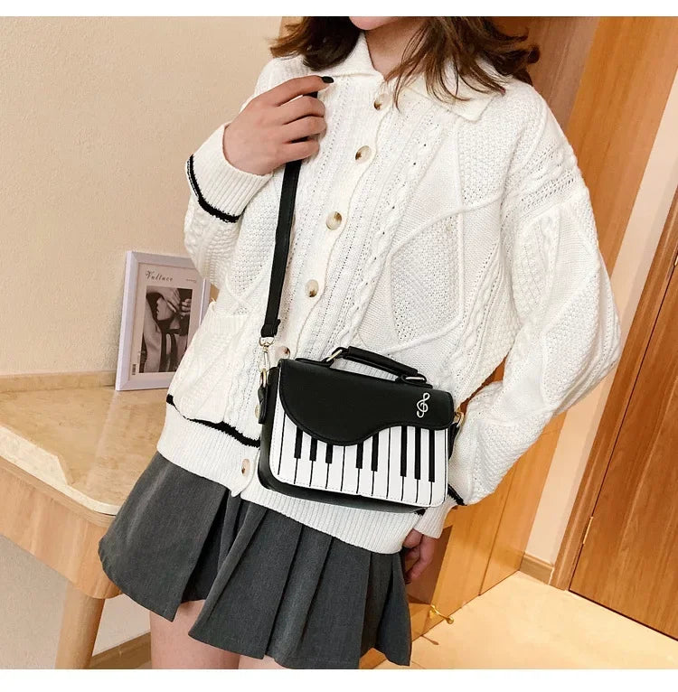 Piano Shape Flap Shoulder Bag Creative PU Leather Portable Handbag Detachable Strap Crossbody Novelty Bag