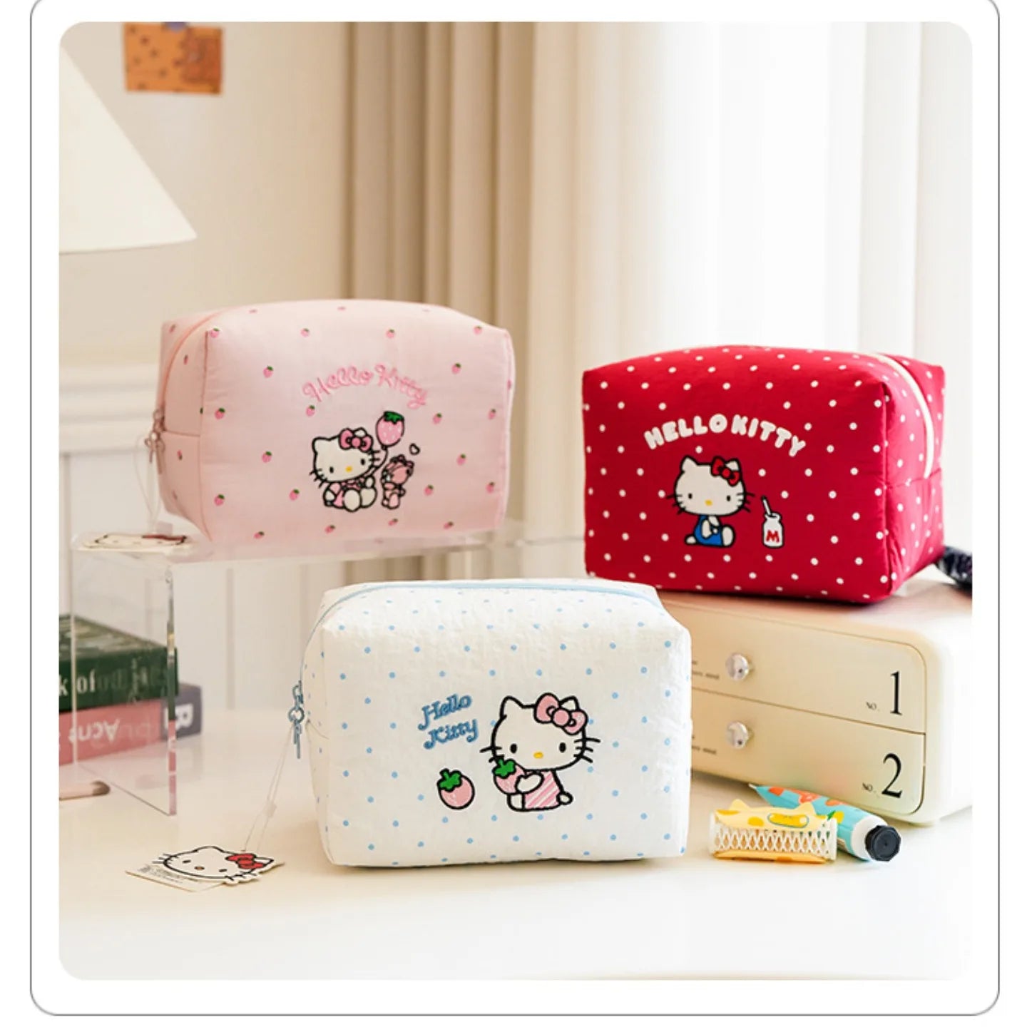 Strawberry Milk Cartoon Hello Kitty Soft Cotton Makeup Bag for Girls, Portable Skincare Organizer, Student Toiletry Bag, Cute Ca