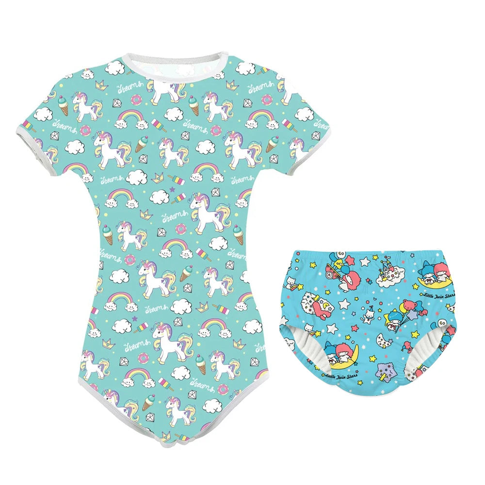 Adult Baby Pajamas Set ABDL Snap Crotch Bodysuit Diaper Set