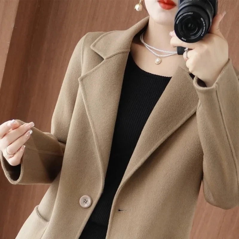 100% Pure Wool Double-Sided Cashmere Jacket Women Overcoat  Autumn Winter New Mid-Length One-Button Slim Wool Windbreakers coat