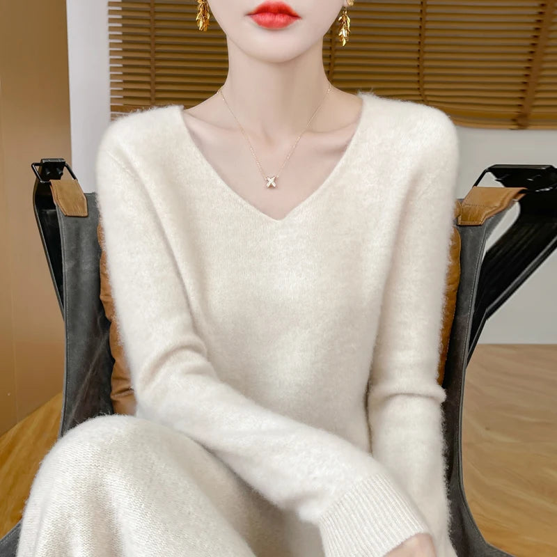 Fashion Pullover 100% Merino Wool Women Sweater V-Neck Long Sleeve Basic Jumper Spring Autumn Winter Clothing Knitwear Tops