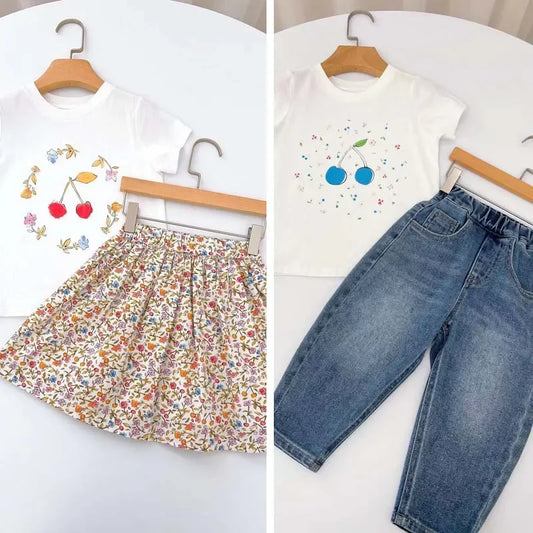 Pre-sale (Ship in Late March) 2024 BP Summer Cherry Skirt Girl Print T-shirts & Pants Suit Kid Boutique Clothes Girls Cherry Top