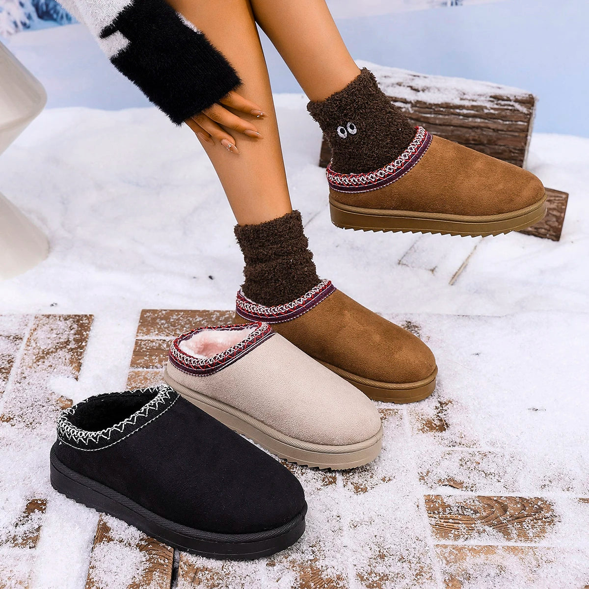 2026 Winter Women Snow Boots Cashmere Warm Thick Soles Without Heel-covered Hair Half Slipper Cotton Shoes Cashmere Warm Boots