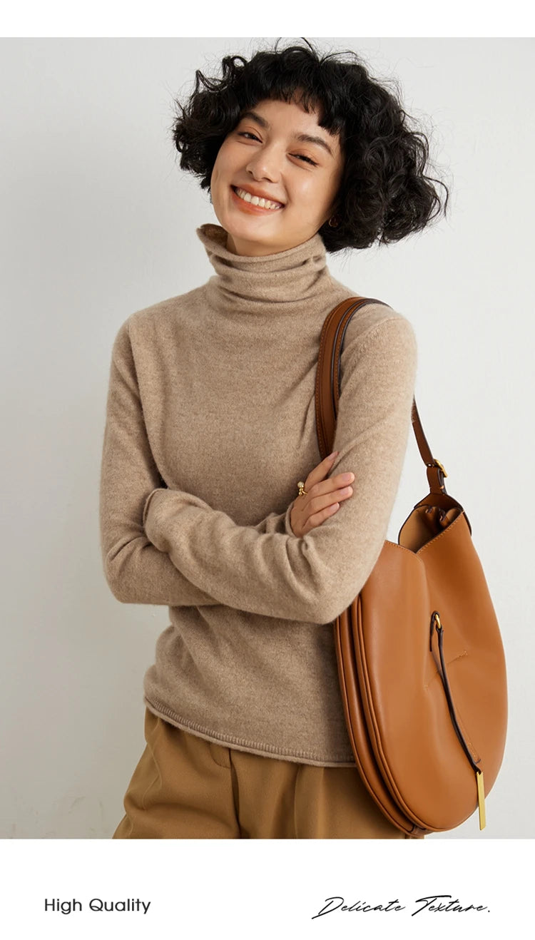 Women's 100% Cashmere Sweater Casual Solid Color Knitted Pullover Loose High Neck Jumper Autumn/Winter Warm Blouse Tops