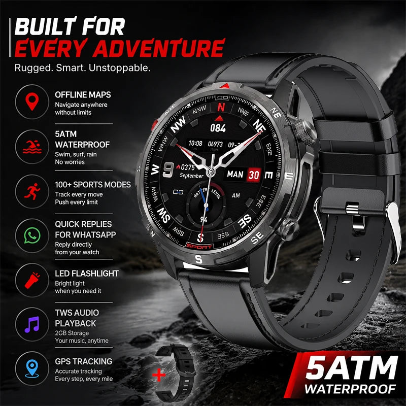 New Outdoor Smart Watch 1.43inch Screen 2GB Memory Map Navigation GPS Positioning 5ATM Waterproof LED Flashlight Smart Watch