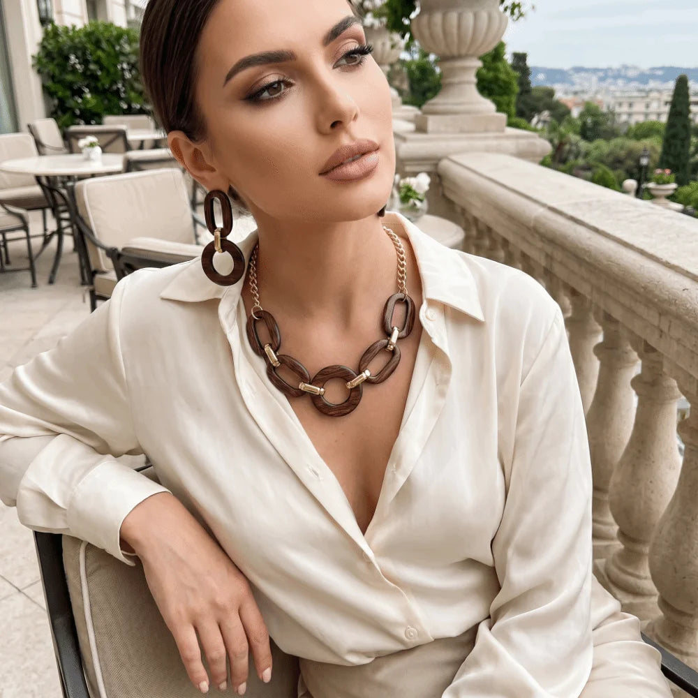 Geometric Acrylic Jewelry Set Round Design Exaggerated Choker Earrings Set Oval Link Lightweight Necklace Set Party Wear