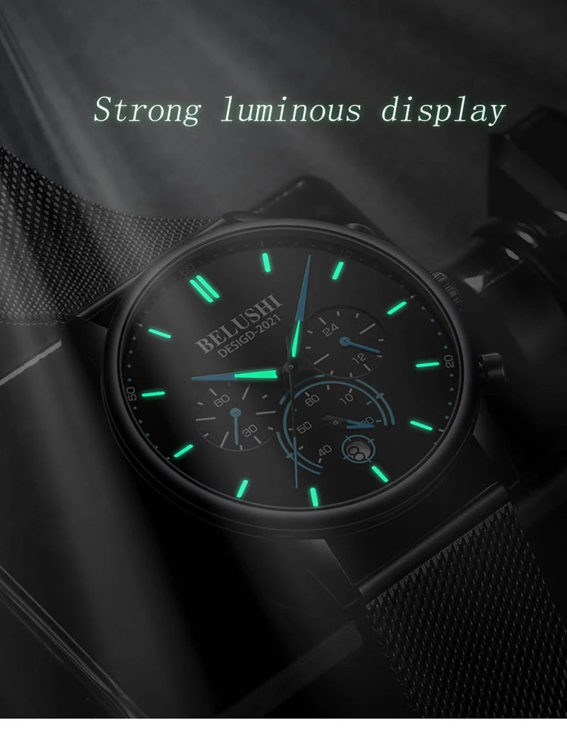 BELUSHI Cool Ultra Thin Mens Watch Luxury Multifunction Stopwatch Calendar Luminous Male Clock Waterproof Mesh Strap Reloj Hombr