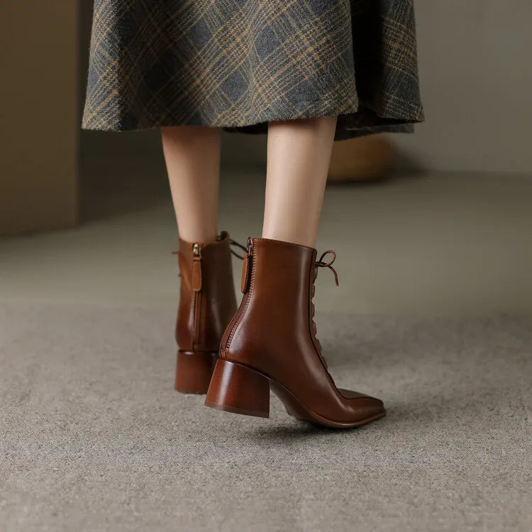 2022 Autumn Women Boots Square Toe Back Zipper Women Shoes Chunky Heels Shoes for Women High Heel Boots Vintage Leather Shoes