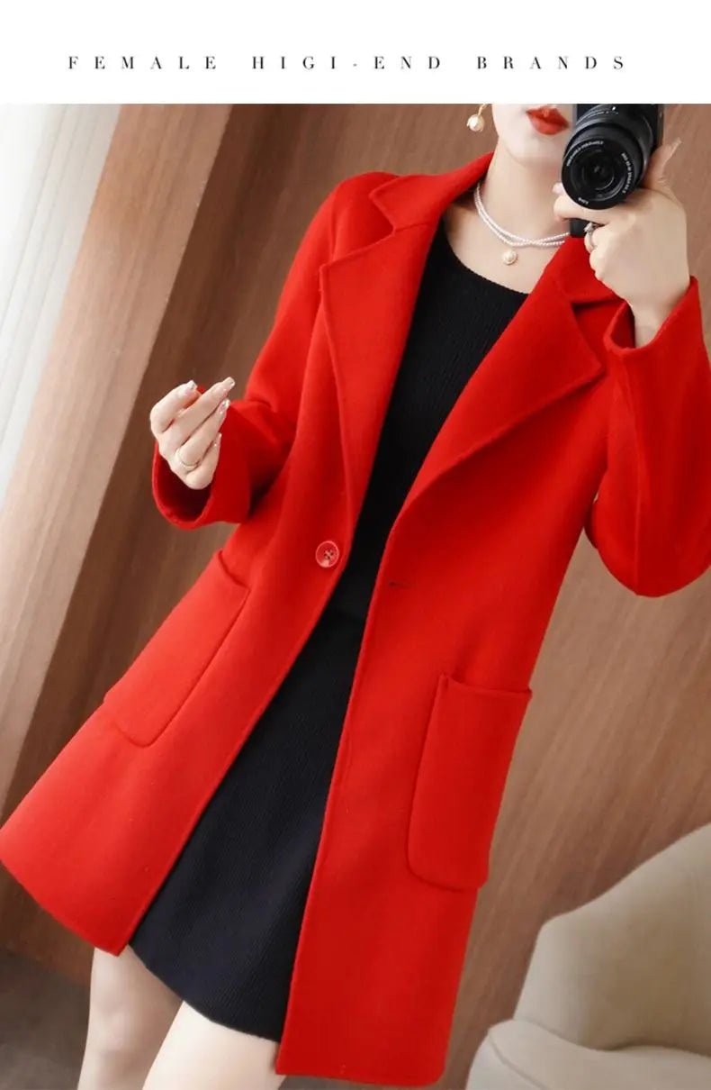 100% Pure Wool Double-Sided Cashmere Jacket Women Overcoat  Autumn Winter New Mid-Length One-Button Slim Wool Windbreakers coat