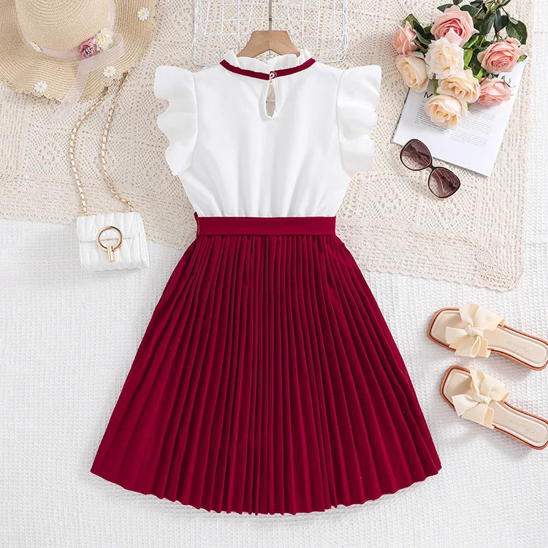 Kids Casual Dress for Girls Clothes Summer 2024 New Children Fashion Sleeveless Red High Waist Princess Dress with Belt 7-8Y