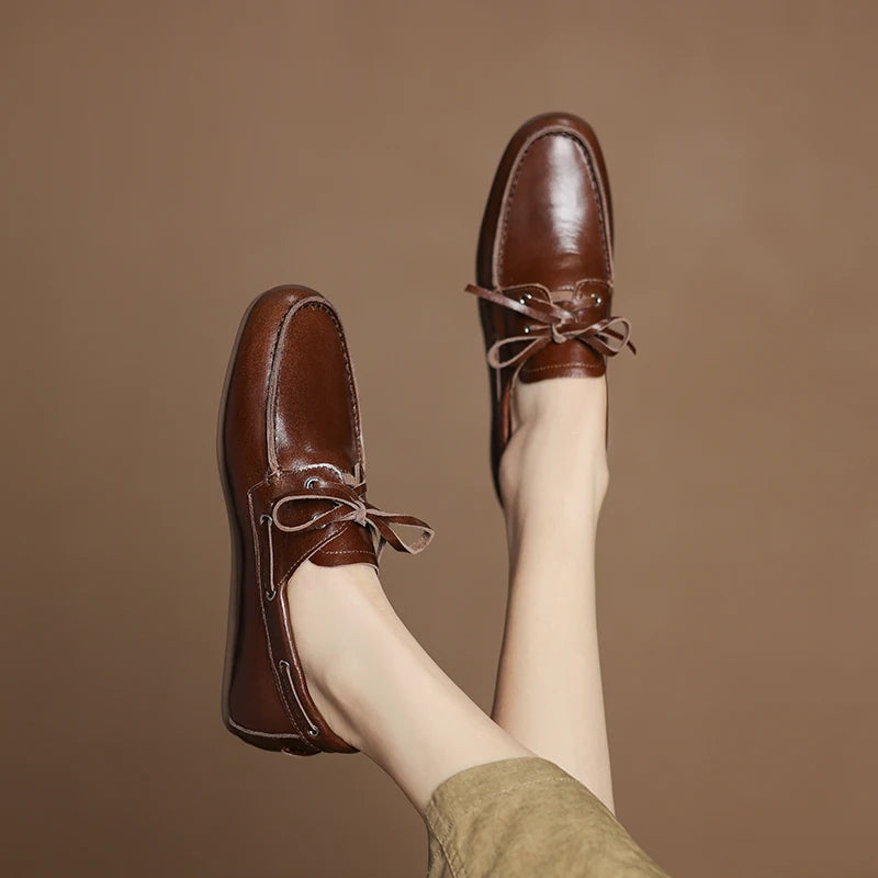 2026 New Spring Genuine Leather Women Shoes Round Toe Women Flats Shoes for Women Retro Lace Up Loafers Fashion Ladies Shoes