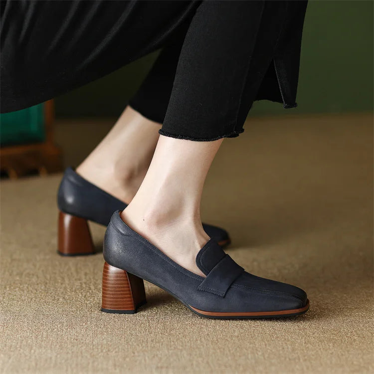 2024 Spring New GENUINE LEATHER Women Shoes LEISURE Women Slip-On Shallow Pumps Square Toe Heels Shoes Women Zapatos De Mujer