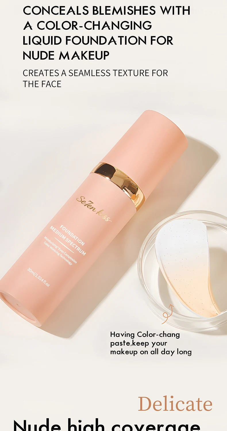 Color Changing Liquid Foundation, Waterproof and Sweat Resistant, Durable Formula, Light Fitting, Natural Makeup Effect