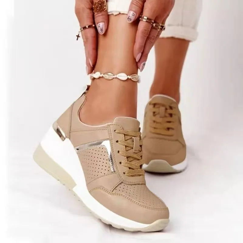 Women's Sneakers Platform Casual Shoes Solid Color Vulcanized Shoes Lace-Up Lightweight Tennis Shoe Wedges Plus Size Women Shoes