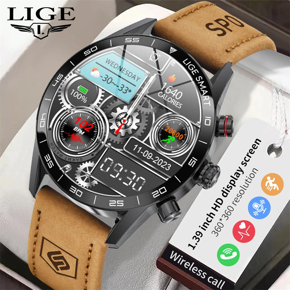 LIGE Men's Smart Watch Bluetooth Connection AMOLED Screen Smartwatch Men IP68 Waterproof Voice Call Samrtwatches for Android iOS