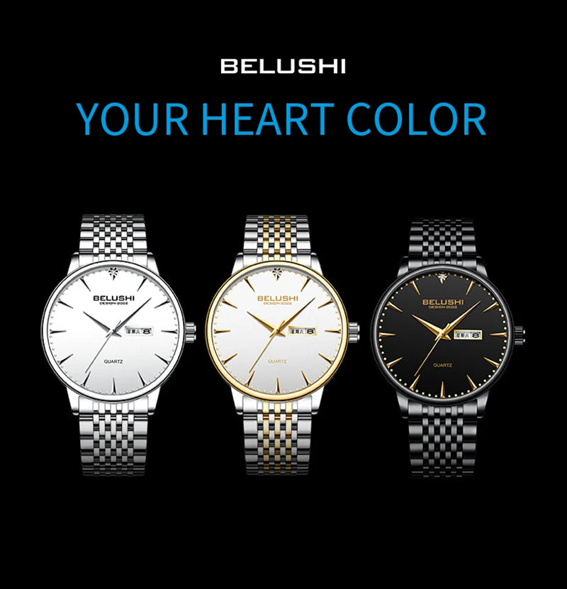 BELUSHI Simple Business Men Watches New Silver Stainless Steel Waterproof Male Wristwatch Luxury Date Brand Clocks Relógios