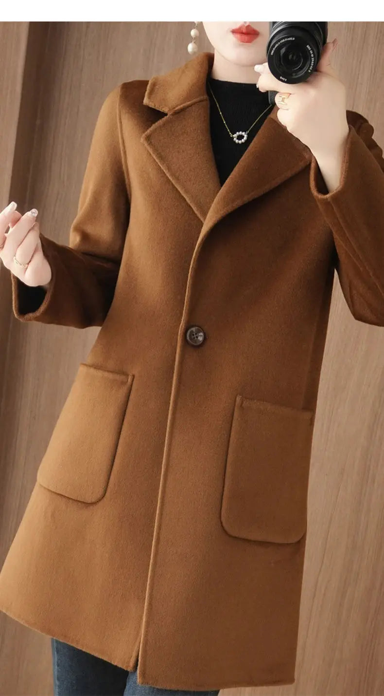 100% Pure Wool Double-Sided Cashmere Jacket Women Overcoat  Autumn Winter New Mid-Length One-Button Slim Wool Windbreakers coat