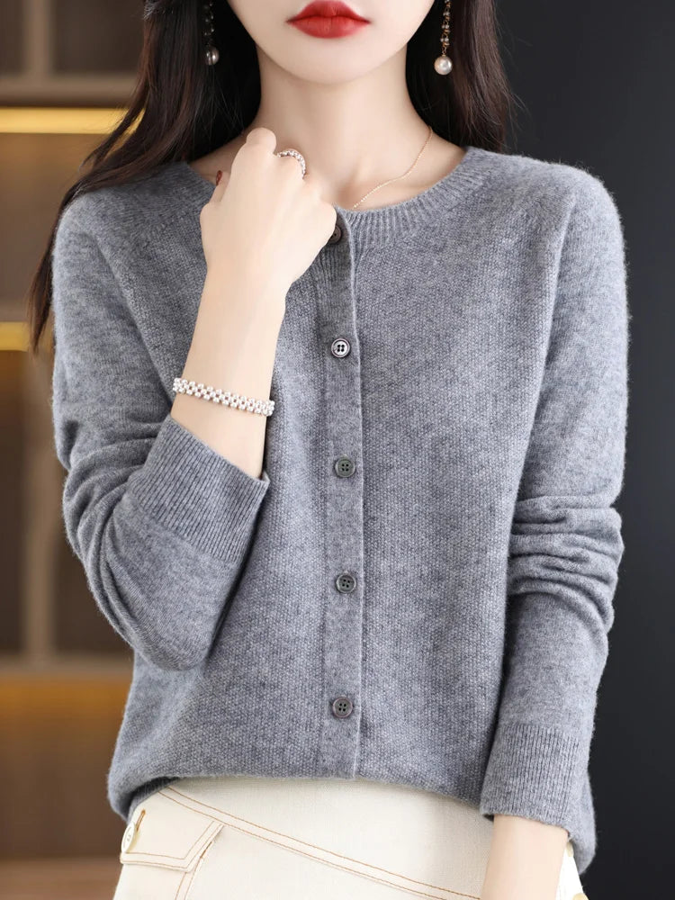 Women Cashmere Sweater 100% Merino Wool Knitted Cardigan Autumn Winter  Knitwear O-Neck Female  Solid Color Casual Fashion Top