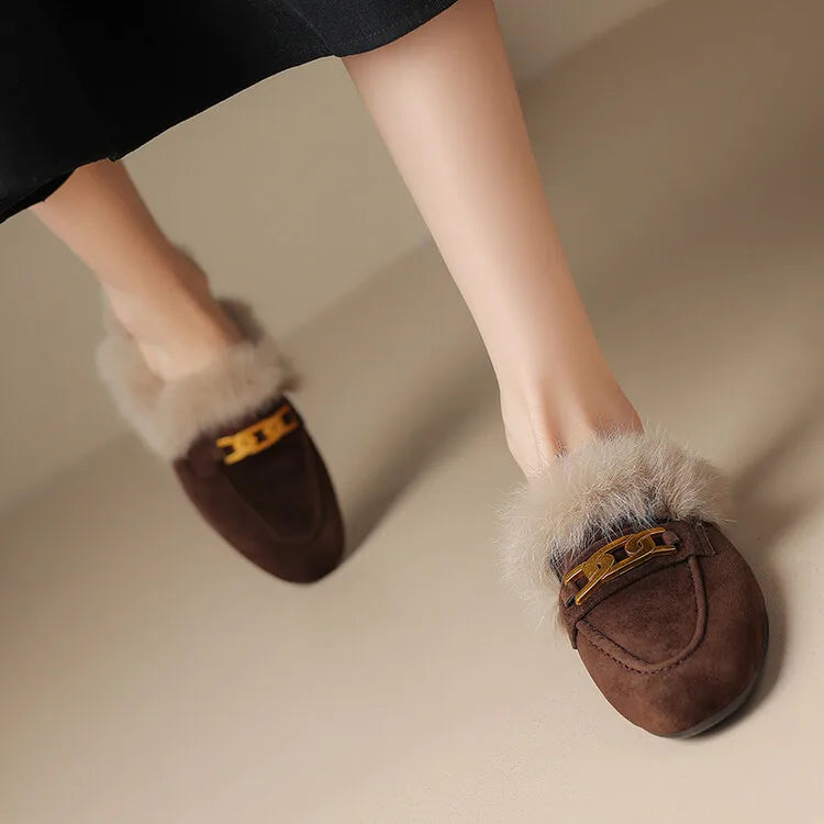 2023 Winter Sheep Suede Women Shoes Rabbit Hair Mules Shoes for Women Round Toe Low Heel Slippers Chunky Heel Cover Toe Slippers