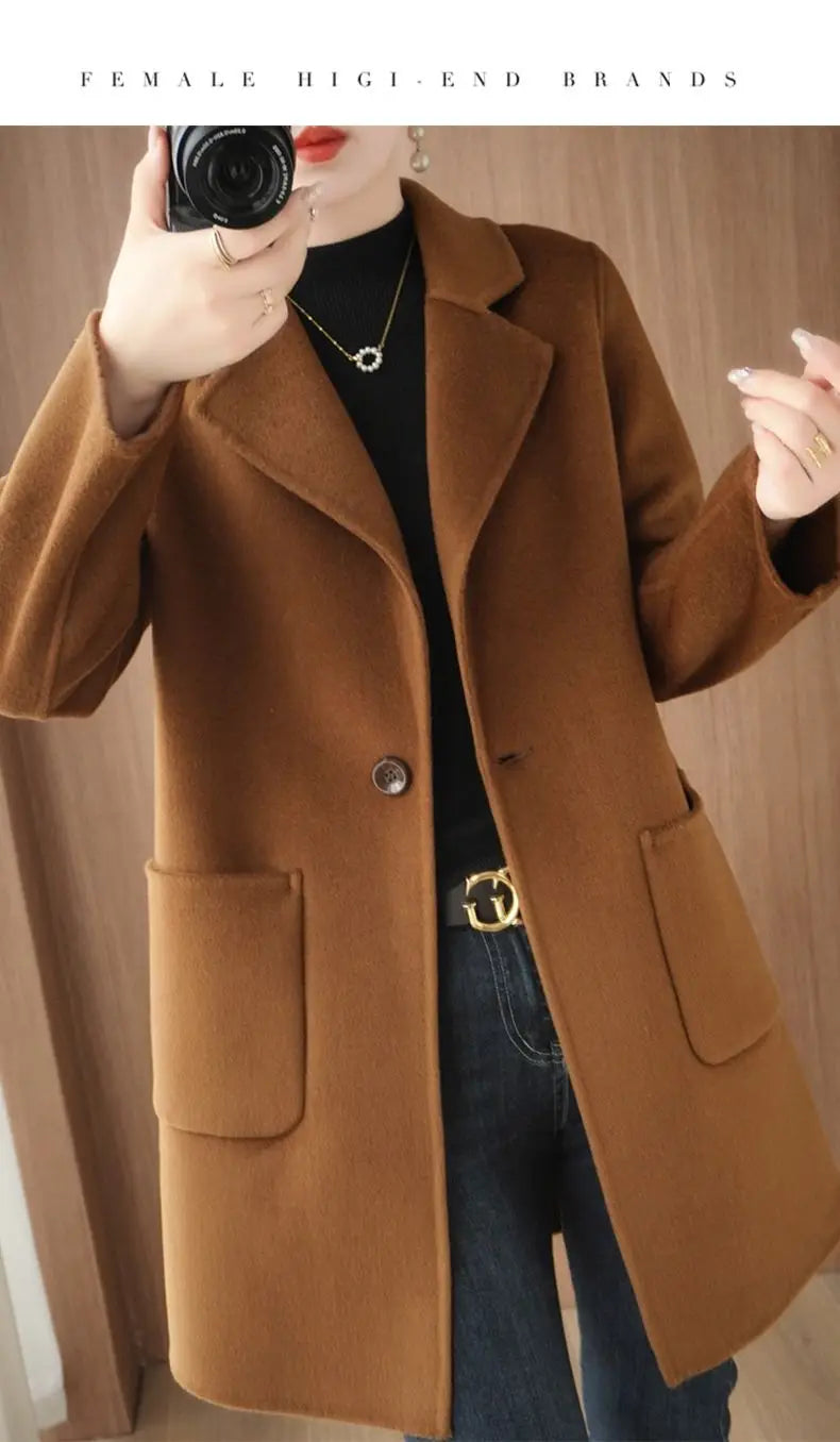 100% Pure Wool Double-Sided Cashmere Jacket Women Overcoat  Autumn Winter New Mid-Length One-Button Slim Wool Windbreakers coat