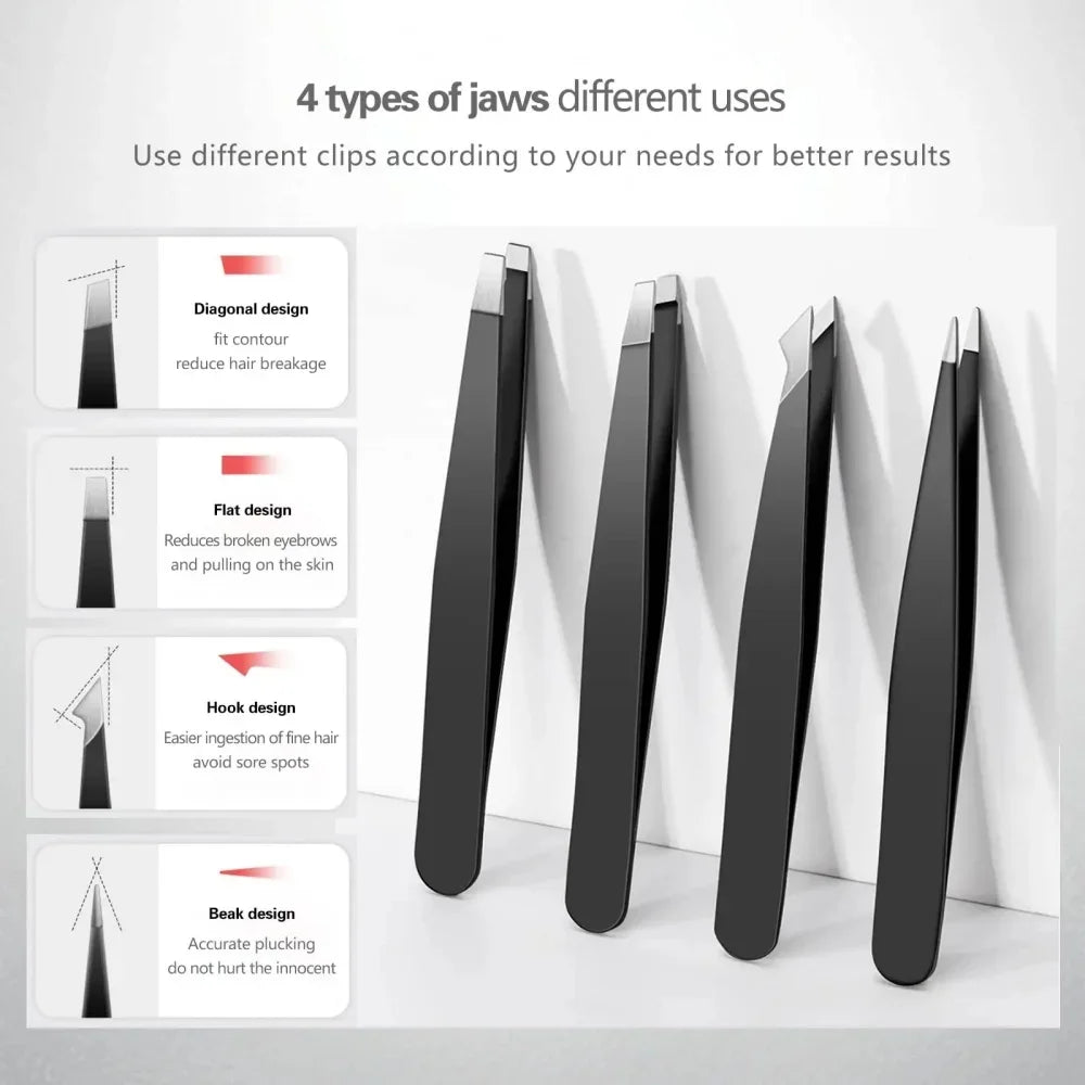 Stainless Steel Eyebrow Tweezers with Trimming Knife Slant Flat Tip Hair Remover Eyebrow Eyelash Beard Double Eyelid Makeup Gift