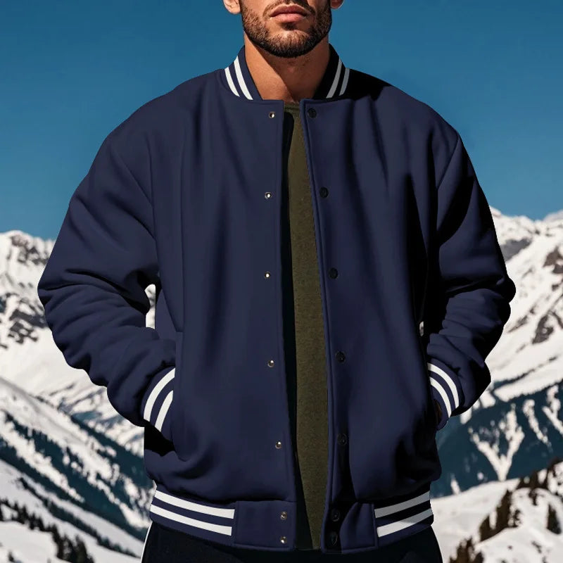 Men's baseball jacket autumn and winter fleece American solid color loose casual stand-up collar single-breasted flight jacket