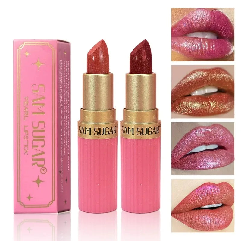 Pearlescent Pink Glitter Lipstick Metallic Waterproof Long Lasting Nude Matte Velvet Lip Stick Shimmer Diamond Women Sexy Makeup