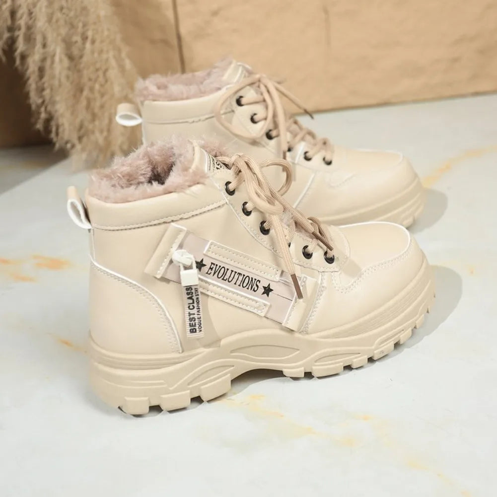 Women's Winter Snow Boots Warm Plush Lined Lace Up Chunky Platform Sneaker Booties Side Zipper Outdoor Walking Shoes for Ladies