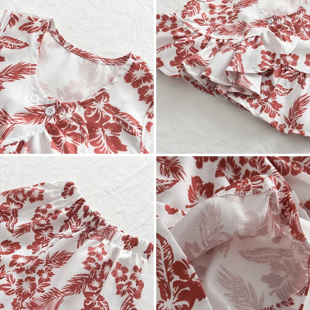 Bear Leader Girls Netflix Tops Wide-legged Pants Set Summer 2026 New Fashion Temperament Retro Floral Two-piece Girls Clothing