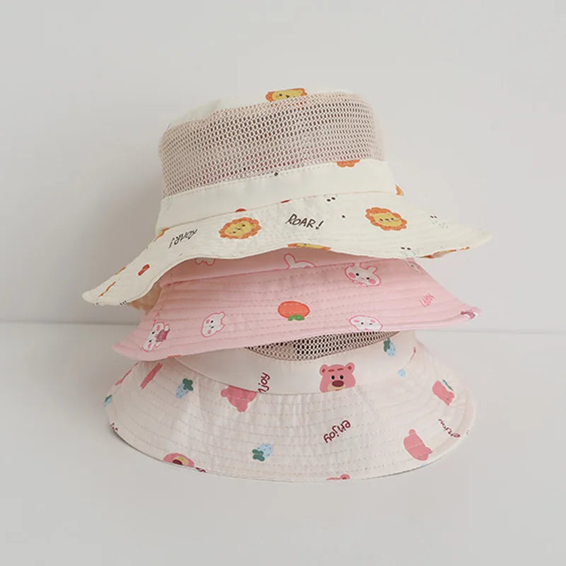 Children Summer Hat Cartoon Print Mesh Bucket Hats for Girls Boys Beach UV Protection Accessories Kids Items 3-8 Years