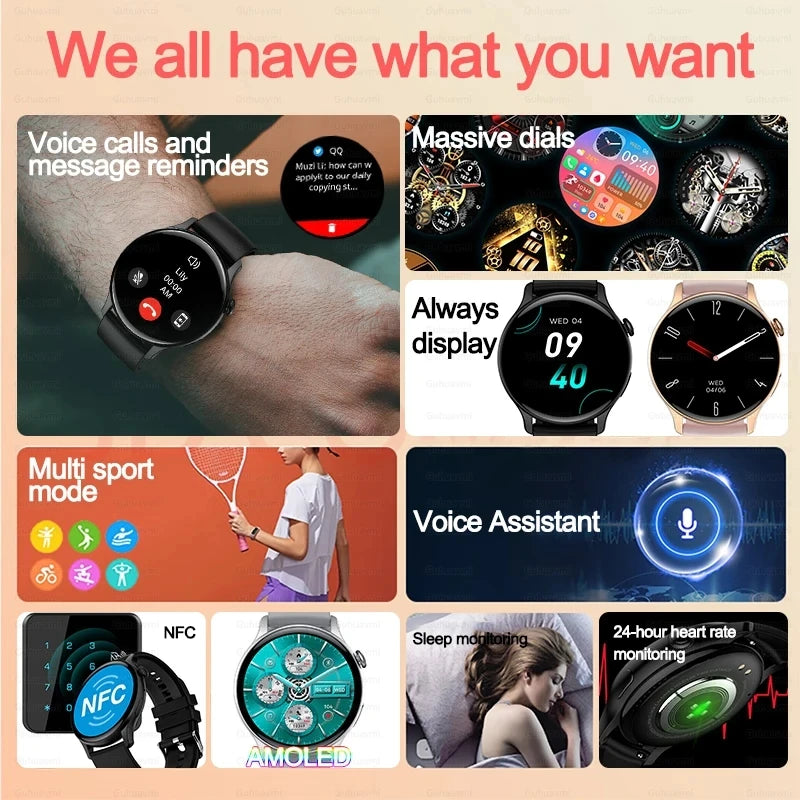 2024 NFC Smart Watch Women 466*466 Screen GPS Track Sport Watches Women Health Monitoring Voice Bluetooth Call Smartwatch Ladies