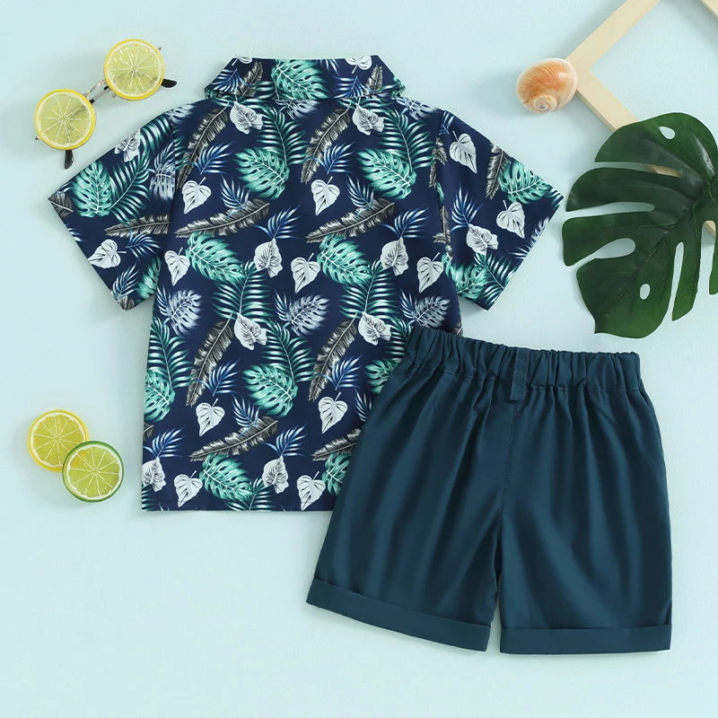 Ropa de verano para bebé niño, camisa hawaiana con botones, Tops con pantalones cortos, 2T, 3T, 4T, 5T, 2 uds.