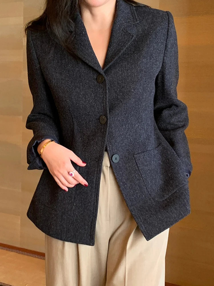 50 Wool Women Notched Collar Blazer Jacket Coat Fall Winter Thick Warm Overcoat Pocket Fashion Slim Waist Buttons Coat 2024 New