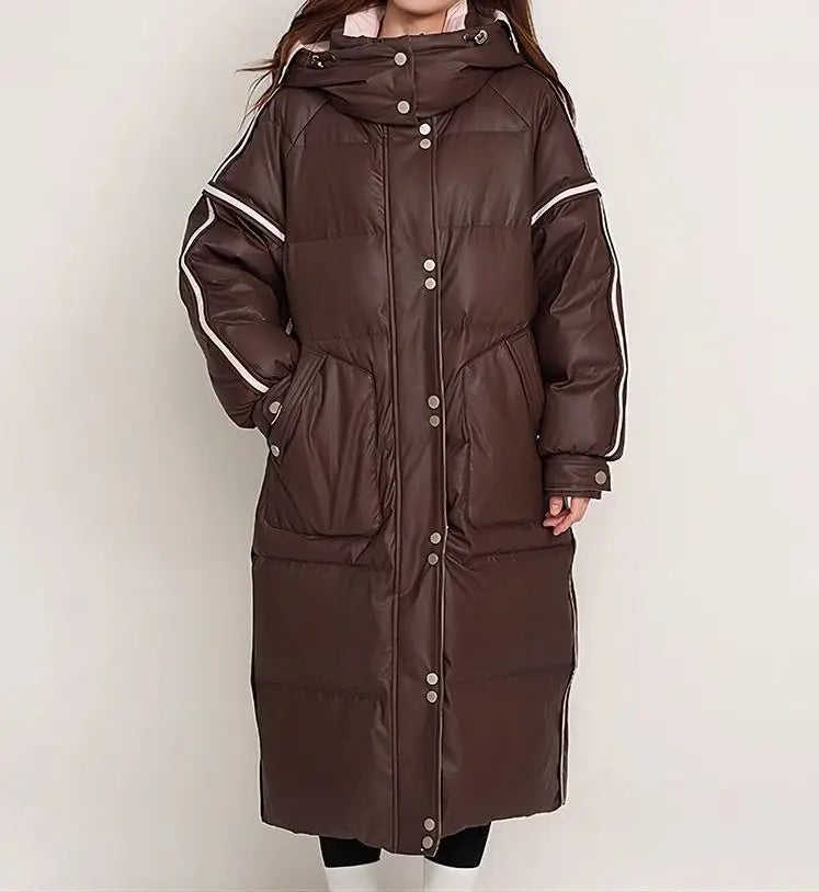 Winter Color-matched Plaid Hooded Casual Knee-length Down Jacket