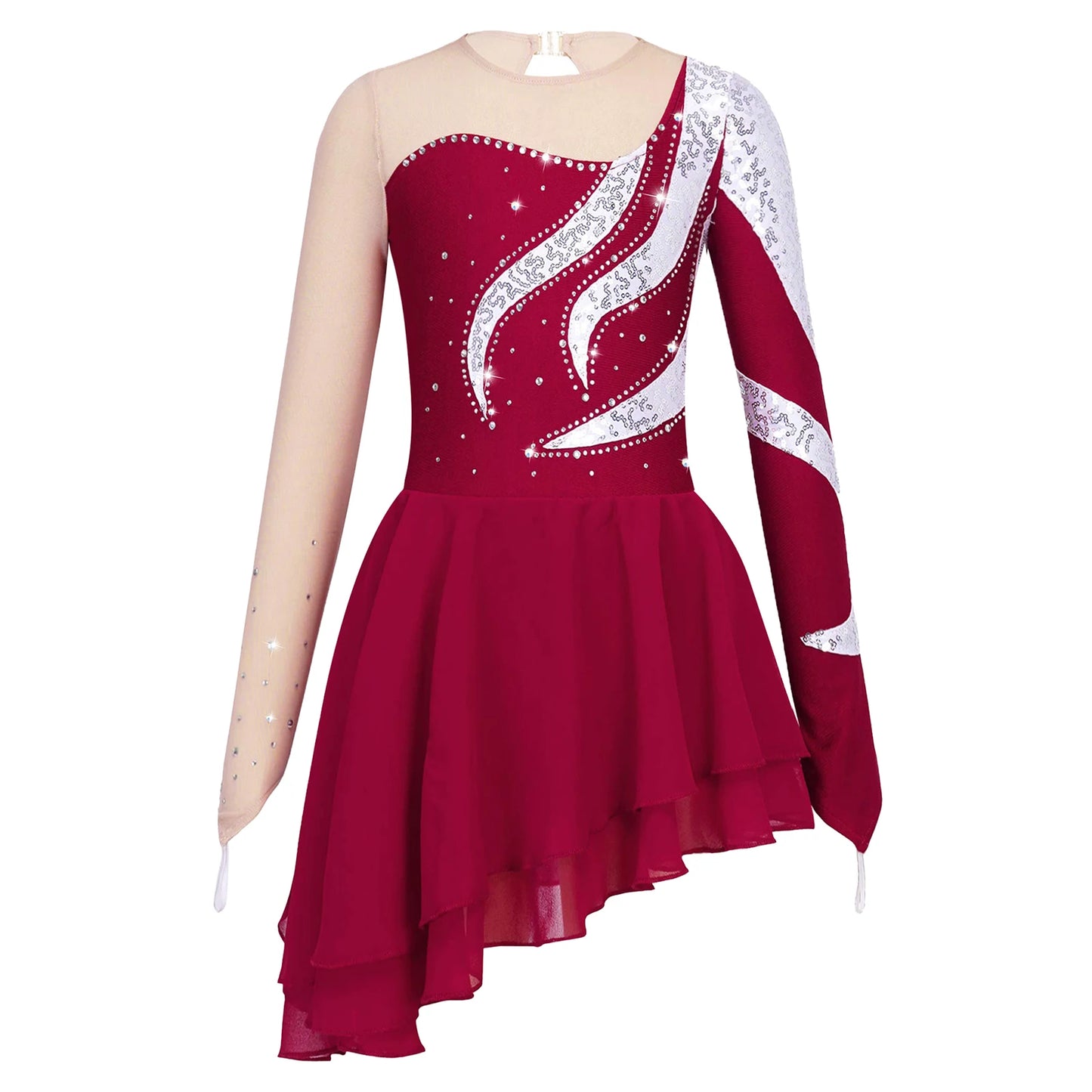 Kids Girls Figure Skating Costumes Long Sleeve Sequins Ballet Dance Dress Gymnastics Leotard Competition Performance Dancewear