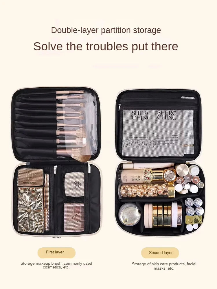 Multi-functional Cosmetic Bag Large-capacity Makeup Bag PU Double-layer Portable Travel Toiletry Pouch Women Makeup Storage Bag
