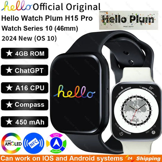 2024 New Hello Plum Smart Watch Series 10 46mm HD AMOLED 4G ROM ChatGPT NFC Compass Sports Clock Smartwatch Men Women 3 Pro Plus
