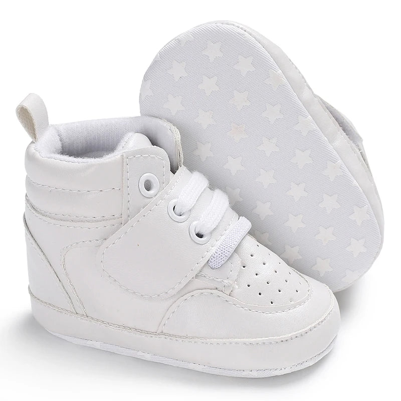 Zapatos de bebé recién nacido, niño y niña, deporte clásico, suela suave de cuero PU, zapatillas informales multicolor para primeros pasos, zapatos de bautismo blancos