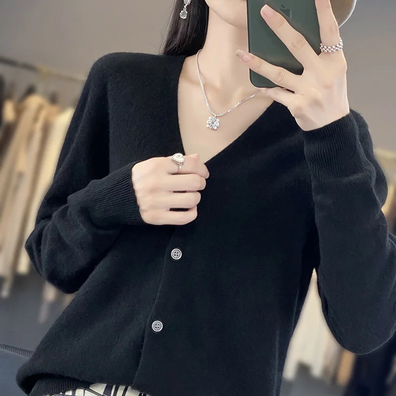 New Fashion Spring Autumn 100% Merino Wool Women's V-neck Cardigan Cashmere Sweater 2024 Female Knitwear Clothing Korean Tops