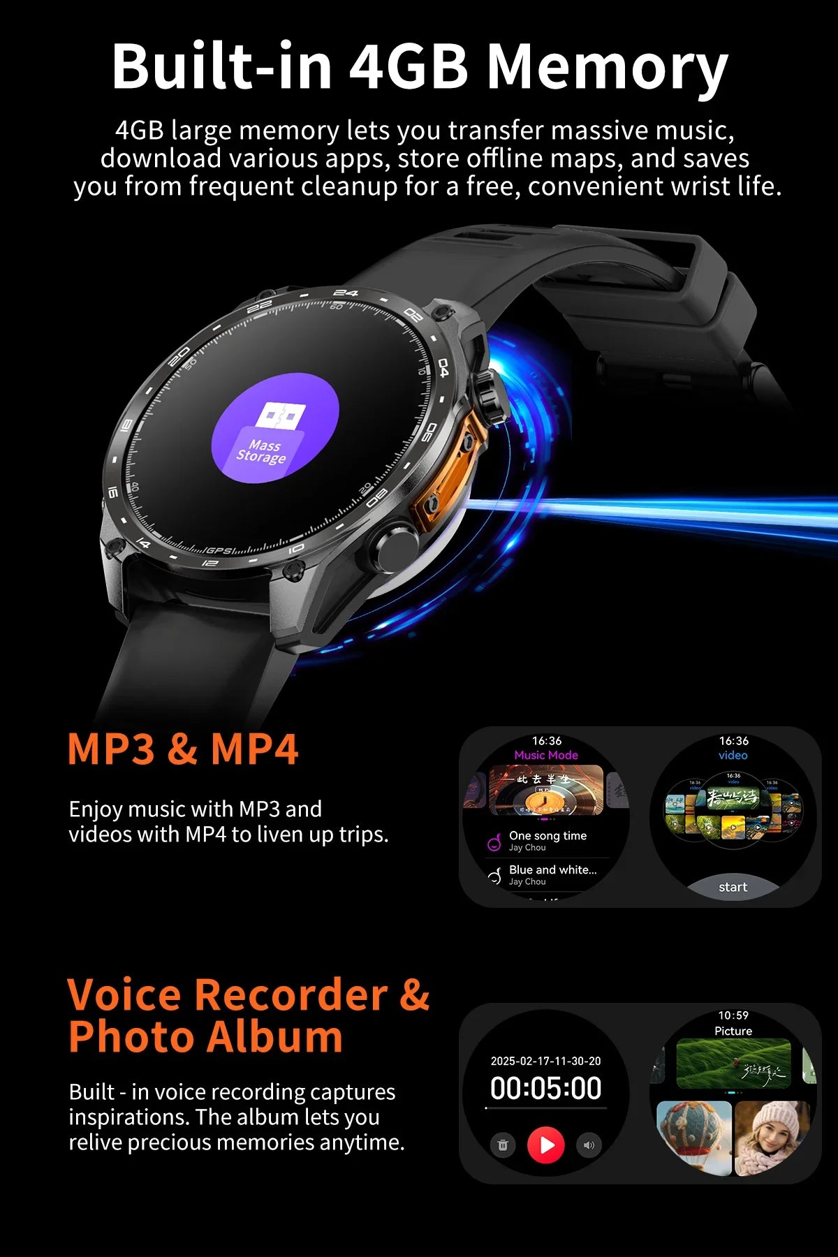 2026 New Smart Watch for Men with Built in GPS Maps 100+ Sport Modes 3ATM Waterproof BT Call MP3 MP4 Playback Altitude Compass