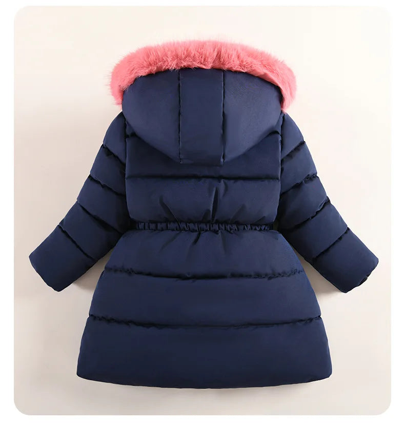 2025 Winter New Girls Jacket Long Solid Color Lining Berber Fleece Thick Warm Hooded Parka For 4-10Y Girls Bow Fashion Snowsuit