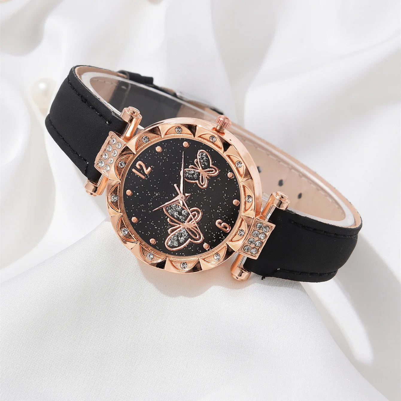 Female Clock Butterfly Dial Watches for Women 5pcs Set Women Quartz Watch Luxury Brand Design Simple Ladies Wristwatch Earrings