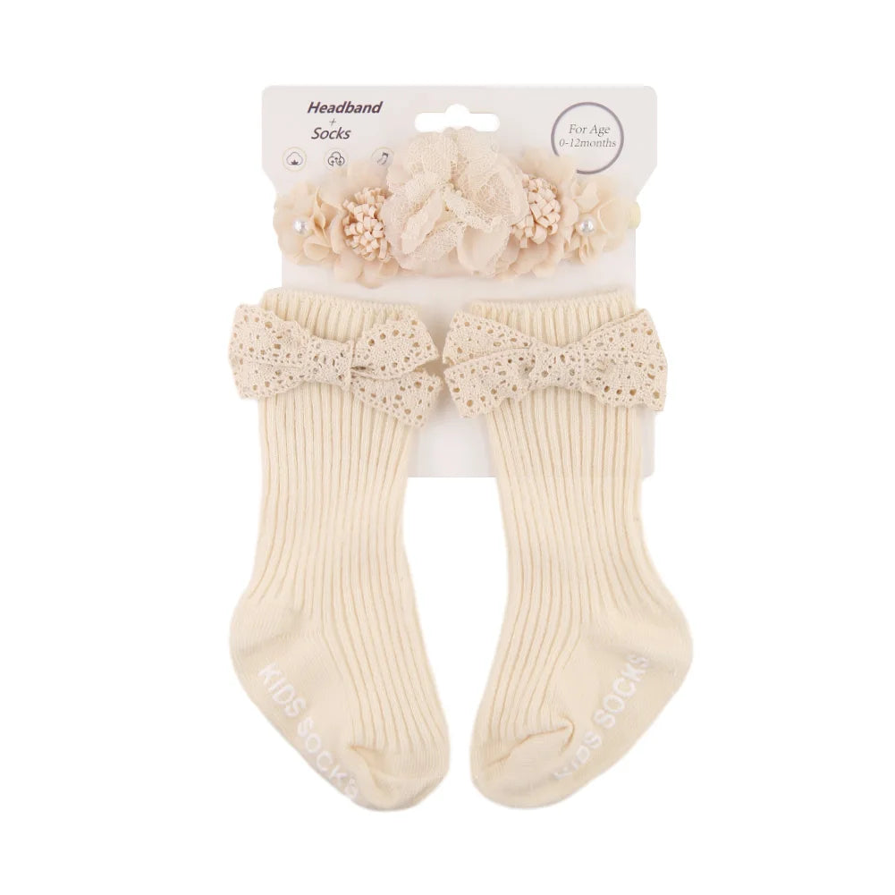 3Pcs/Set Ins Cream Color Latte Artificial Flower Headbands & Ribbed Short Socks Anti-Slip Cotton 0-12M Sockfor Infant Baby