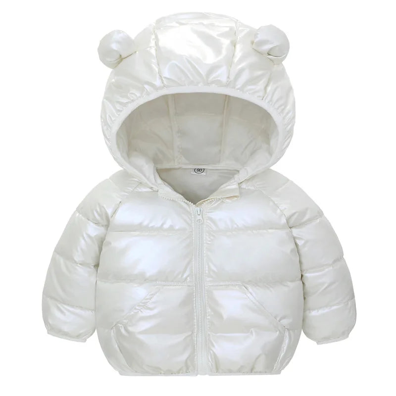 Winter Warm Jacket Toddler Children Coat Hooded Solid Jacket For Girls Boys Glossy Outwear Cute Ears Children Clothing 2-6 Year