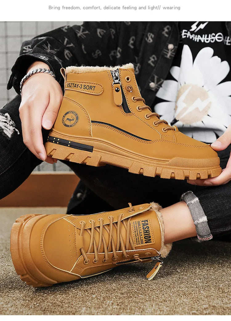 Winter Fleece-Lined Warm High-Top Men's Boots, Korean Style Versatile Men's Boots, Thickened Lightweight Cotton Shoes, Trendy Outdoor Snow Boots