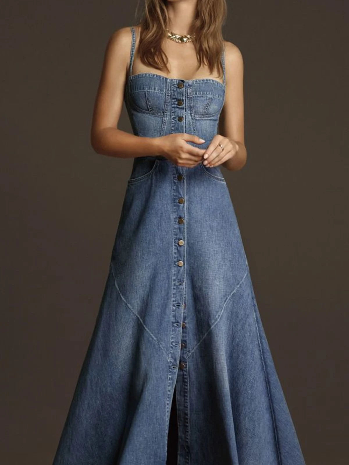 Fashion Women Denim Tank Dress Vintage Square Collar Waisted Sundress 2024 Summer Buttons Maxi Dress Holiday Solid Robes